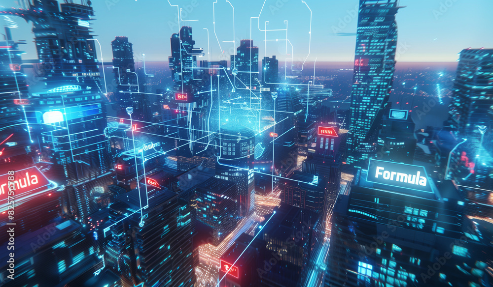 3D rendering of the cityscape illuminated by glowing digital connections, representing advanced technology and smart urbanism in an overthetop style. The background is a dark blue sky with neon light 3D rendering of the cityscape illuminated by glowing digital connections, representing advanced technology and smart urbanism in an overthetop style. The background is a dark blue sky with neon light