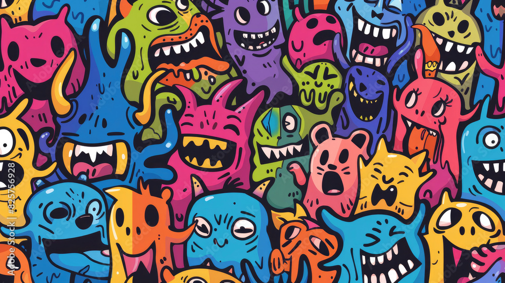 Whimsical Monster Doodle Pattern with Colorful Smiling Characters Whimsical Monster Doodle Pattern with Colorful Smiling Characters