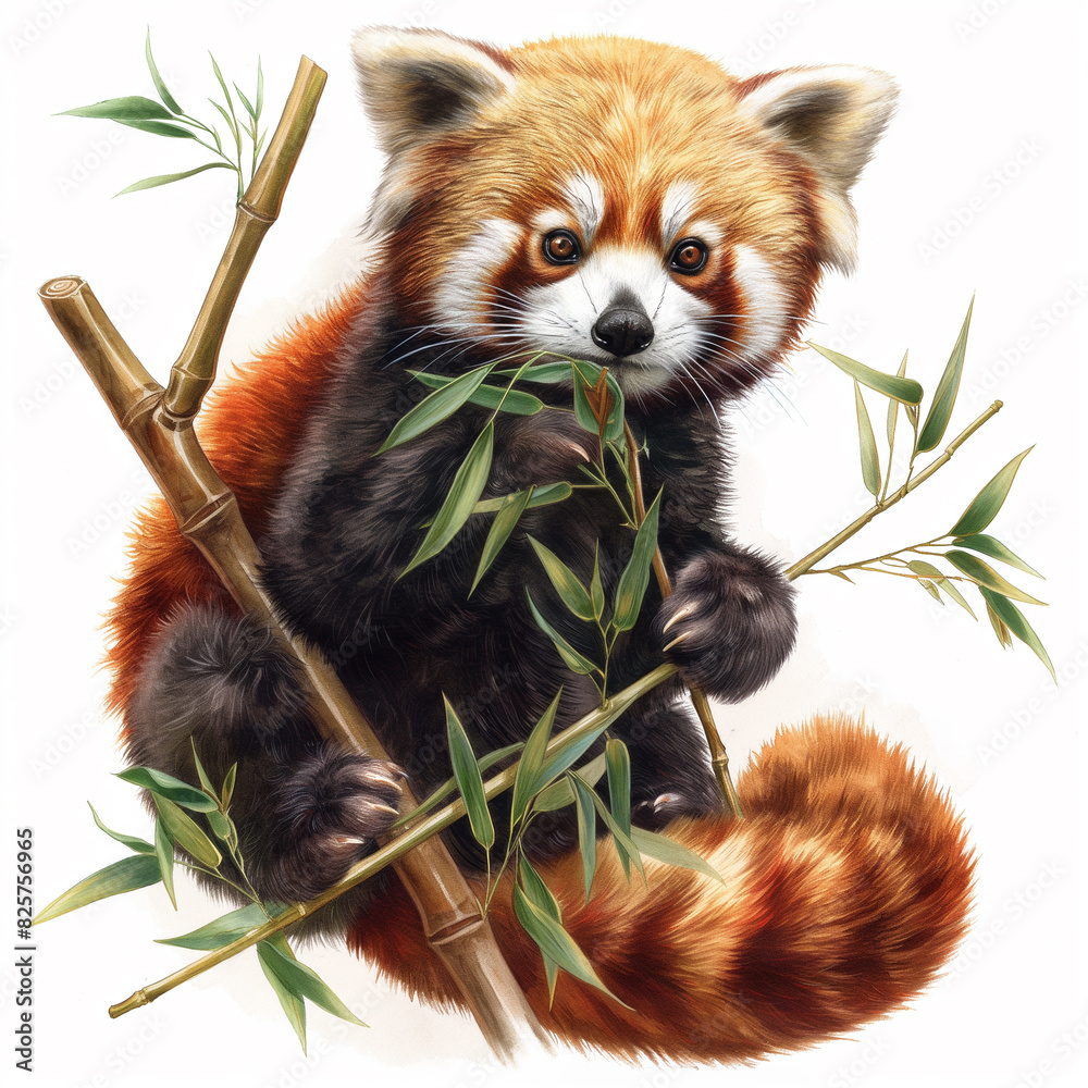 31 - Create an image of a red panda sitting on a branch, munching on bamboo leaves, on a pure white backdrop. 31 - Create an image of a red panda sitting on a branch, munching on bamboo leaves, on a pure white backdrop.