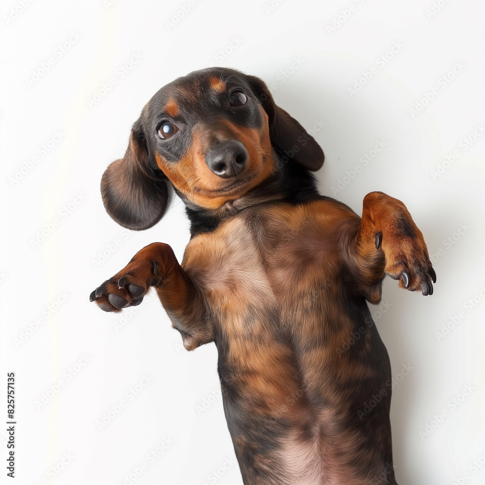 39 - Create an image of a dachshund lying on its back, paws in the air, looking playful, on a pristine white backdrop.