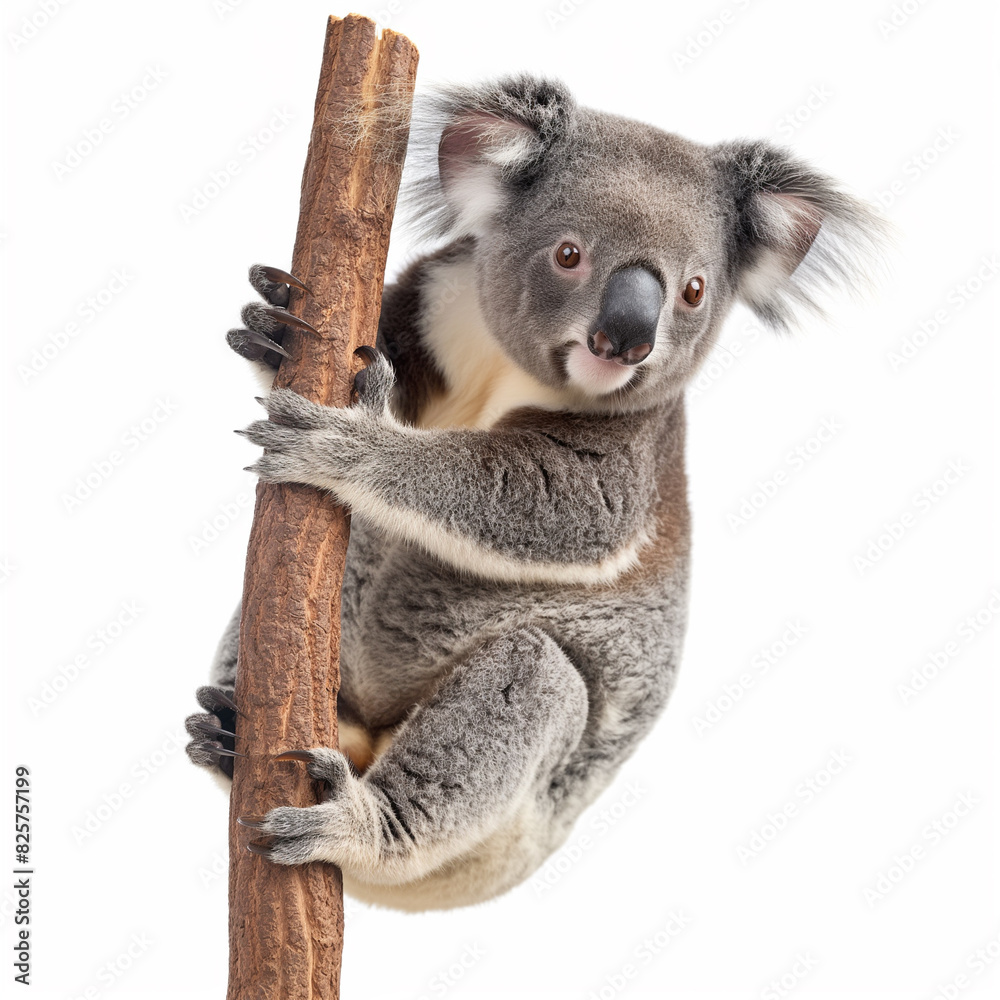 5 - Show a koala bear clinging to a eucalyptus branch, looking straight ahead, with a white background. 5 - Show a koala bear clinging to a eucalyptus branch, looking straight ahead, with a white background.