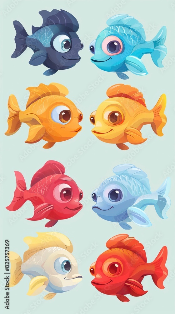 Fototapeta premium Cartoon baby fish set, vector illustration of a fish 