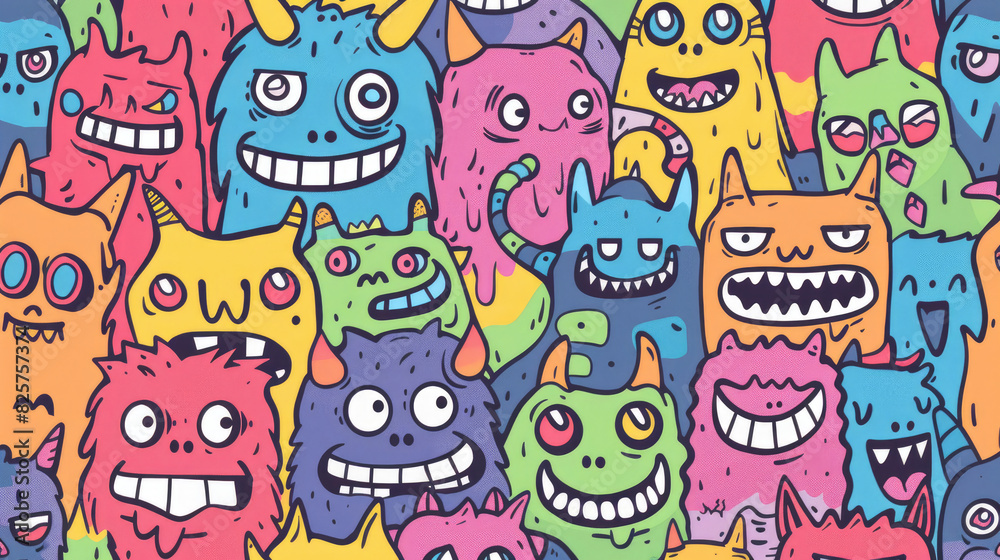 Whimsical Monster Doodle Pattern with Colorful Smiling Characters Whimsical Monster Doodle Pattern with Colorful Smiling Characters