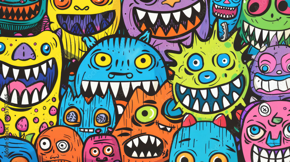 Whimsical Monster Doodle Pattern with Colorful Smiling Characters