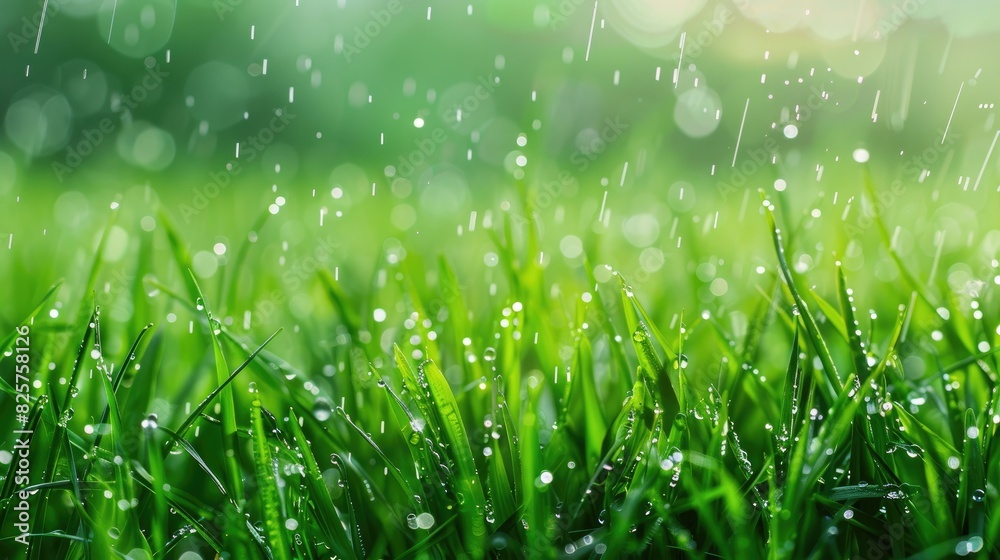 Fresh vegetarian green grass field meadow close up with a background of rainwater droplets