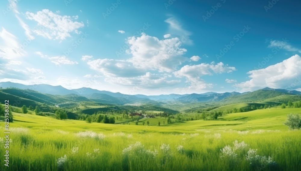 Obraz premium A stunning spring day landscaping views of fertile land surrounded beautiful green vegetation, wide stretches of hills and mountains with clear skies in spring
