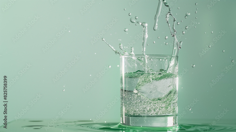 Water pouring into a glass of water, minimalistic modern house, set against a light green background. The combination of colors evokes a sense of freshness and natural purity, ideal for promoting Water pouring into a glass of water, minimalistic modern house, set against a light green background. The combination of colors evokes a sense of freshness and natural purity, ideal for promoting