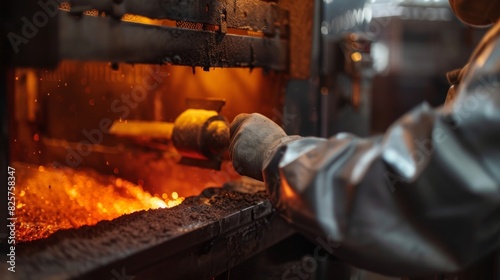 A worker adjusts the pressure and temperature settings on the briquette making machine.
