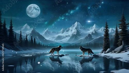 wolves howling in the lake by moonlight photo