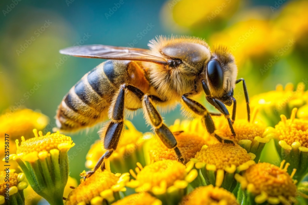 detail of bee or honeybee in Latin Apis Mellifera, european or western honey bee pollinated of the yellow flower detail of bee or honeybee in Latin Apis Mellifera, european or western honey bee pollinated of the yellow flower