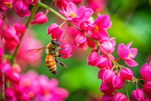 Asian species little bee collecting nectar of the coral vine flowers in north Thailand © ilyas