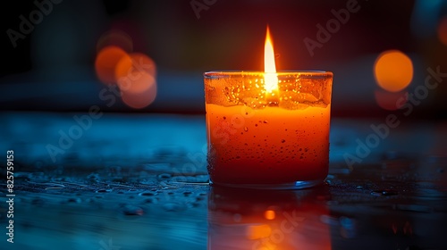 A small votive candle glowing softly against a rich burgundy background, its flame creating a serene and intimate atmosphere
