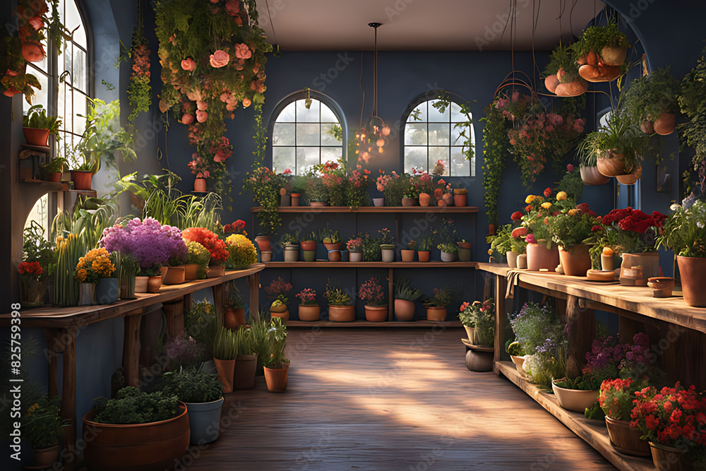 A florist full of fresh flowers from a pastel planter, surrounded by plants and potted greens on a shelf, ai