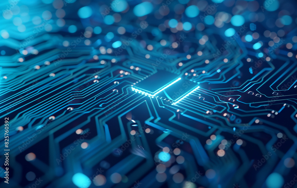 Abstract blue circuit board background with a chip and light effect vector illustration. AI technology concept. A computer processor on a dark blue digital tech pattern design. Abstract blue circuit board background with a chip and light effect vector illustration. AI technology concept. A computer processor on a dark blue digital tech pattern design.