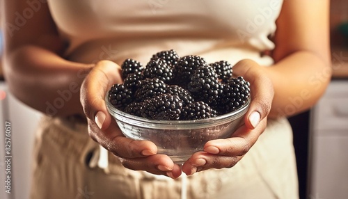 person preparing food in kitchen, person holding a glass, hands holding a bowl of blackberries, Glass bowl of blackberries in female hands in the kitchen