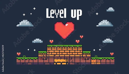 A pixelated video game advertisement for a game called Level Up