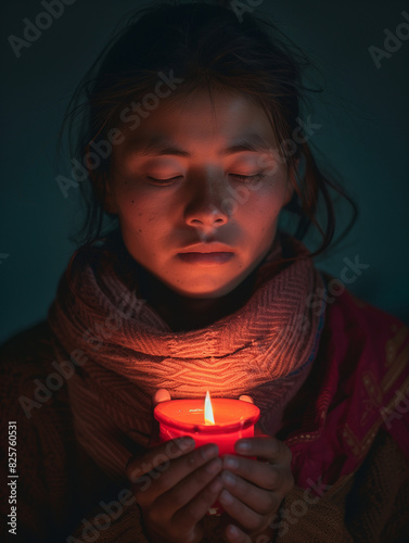 A Magar woman from Nepal, in candle light meditating or praying.  photo