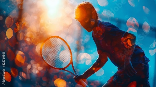 tennis match close up, focus on, copy space bright court colors, double exposure silhouette with racket photo