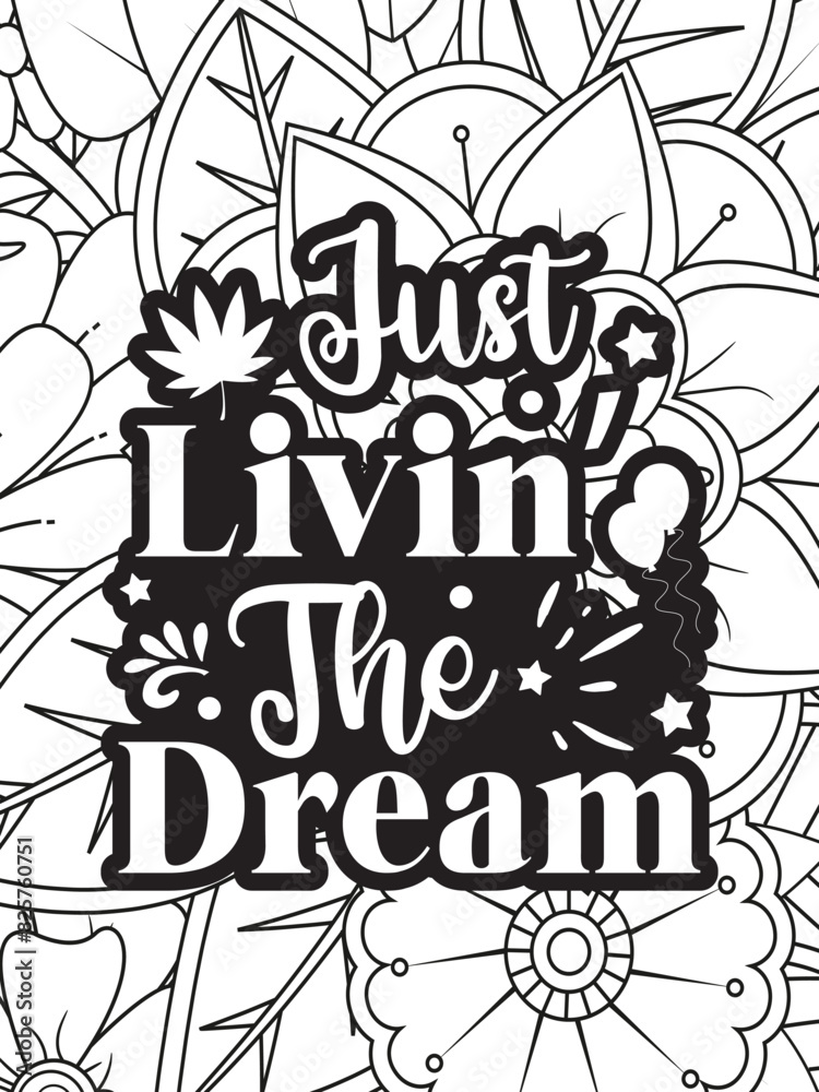 Fototapeta premium Quotes Flower Coloring Page Beautiful black and white illustration for adult coloring book
