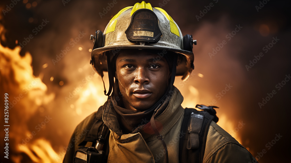 Black person firefighter in full gear. Black person firefighter in full gear.