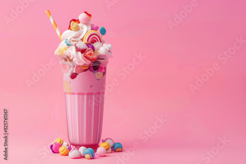 A high glass with a pink milshake with a crazy girly topping, a straw, marshmallows, candies, staying on pink background photo