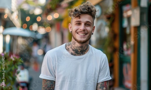 Smiling tattooed young man in casual clothing