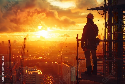 A man in a hard hat stands on a scaffold overlooking a city at sunset