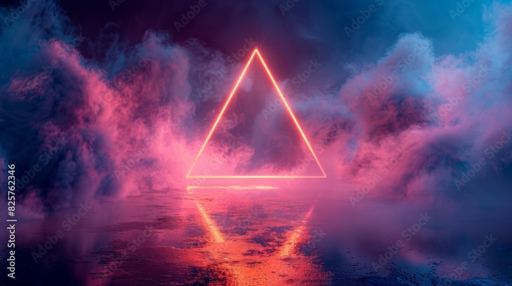 3d render, colorful neon light triangle on dark background with fog and cloud. Colorful abstract wallpaper.