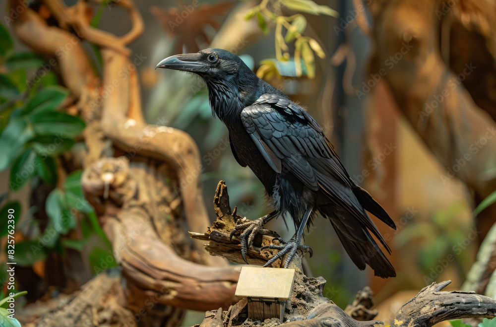 Naklejka premium The taxidermy of a large black raven perches on a branch