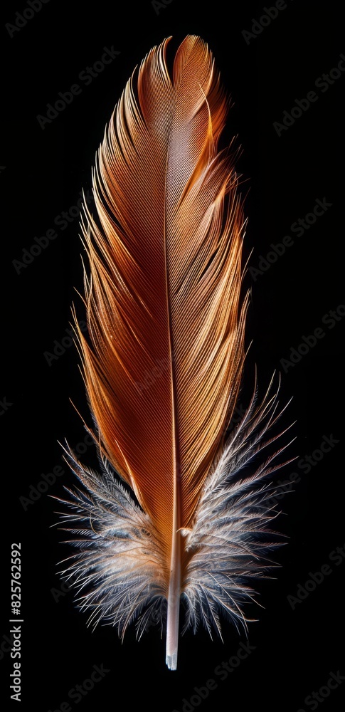 A close-up photograph of a single brown and white striped feather against a black background. A close-up photograph of a single brown and white striped feather against a black background.