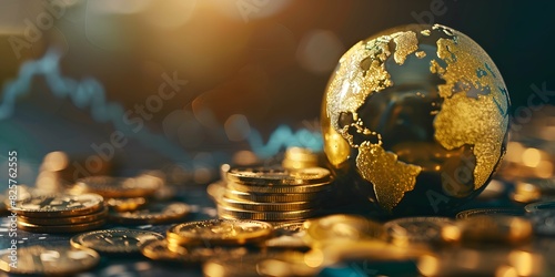 Planet on sale, golden earth globe next to gold coins, success in business, wealth in economy, excess in banking, growth of international finance, money rules the world photo