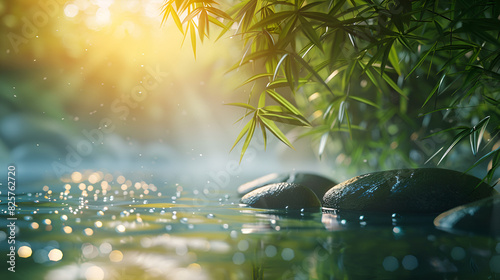 Zen stones, Water drops folling from a bamboo leaf, Zen Balancing Pebbles Next to a Misty Lake, Generative Ai photo