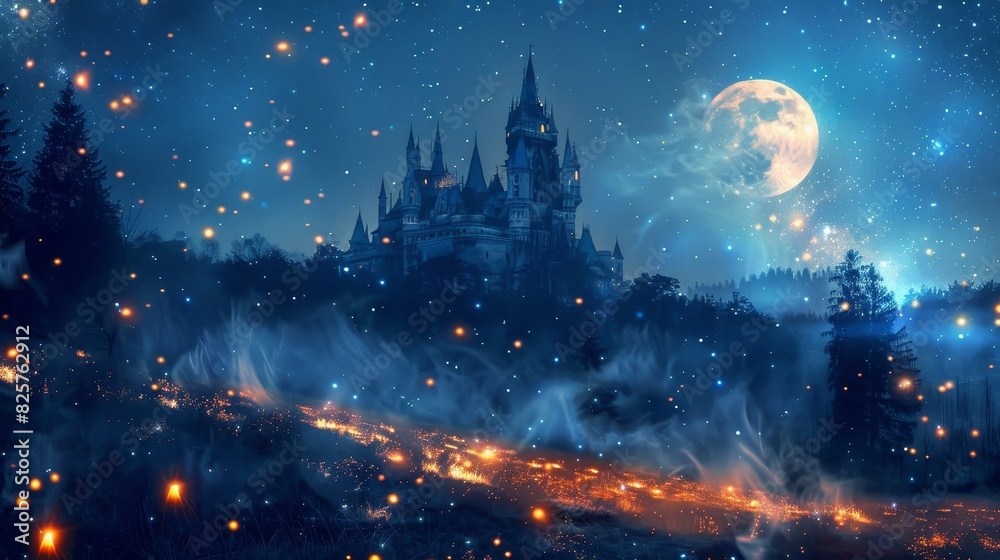 Enchanted night, fairytale castle under a luminous full moon, surrounded by twinkling stars and glowing fireflies, mystical forest in the background Enchanted night, fairytale castle under a luminous full moon, surrounded by twinkling stars and glowing fireflies, mystical forest in the background