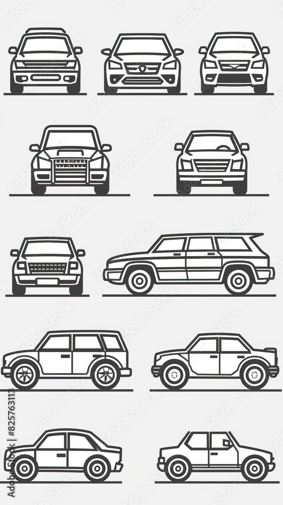 Car icon set in linear style. Transport symbol. Vector illustration
