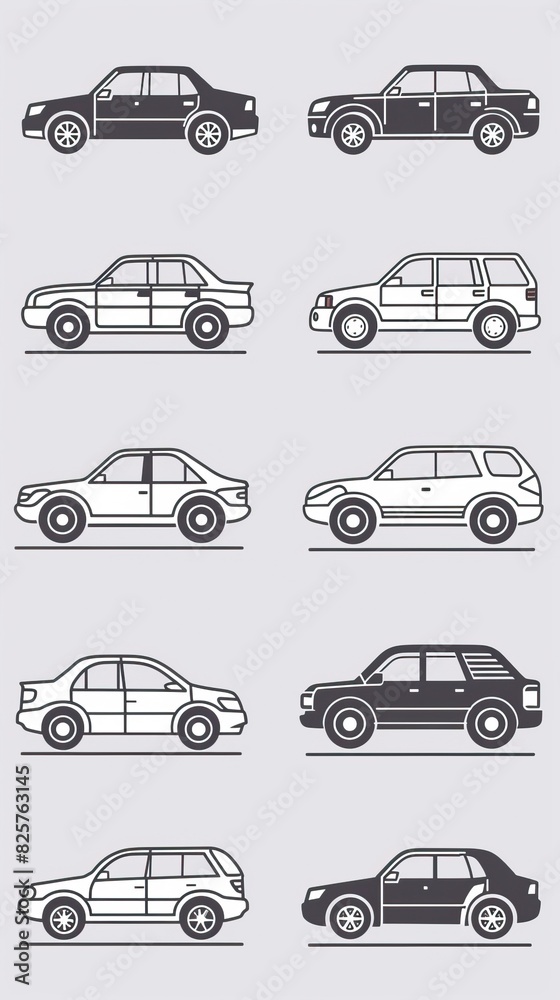 Car icon set in linear style. Transport symbol. Vector illustration