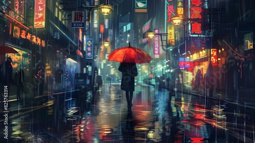 Person with a red umbrella walks down a rainy city street at night  illuminated by neon signs and streetlights  reflecting a vibrant and moody urban atmosphere