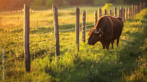 Electric fence with buffalo grazing on fresh green grass, detailed close-up of pasture and fence, golden hour lighting photo