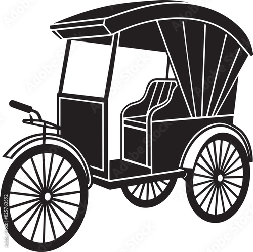 vintage rikshaw silhouette black and white illustration