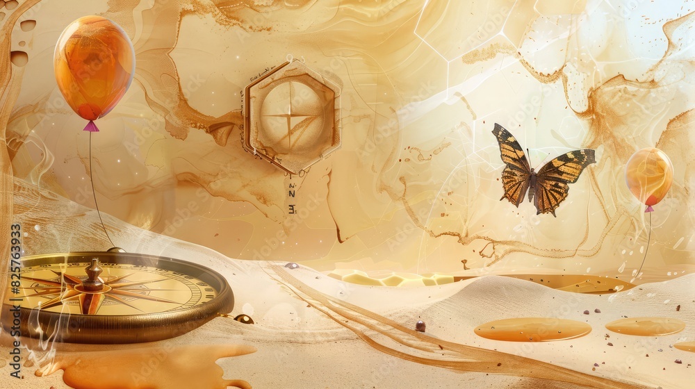 Arid desert scene with liquid sands, hexagon mirages, dry butterfly, desert-themed compass, and heat-mirage balloons. Arid desert scene with liquid sands, hexagon mirages, dry butterfly, desert-themed compass, and heat-mirage balloons.