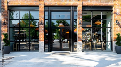 Modern urban storefront with large windows and brick accents photo