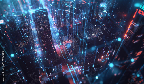3D rendering of the cityscape with glowing data connections and futuristic buildings. In the center  there is an aerial view of digital technology and smart urban elements. The sky above shows a blue 