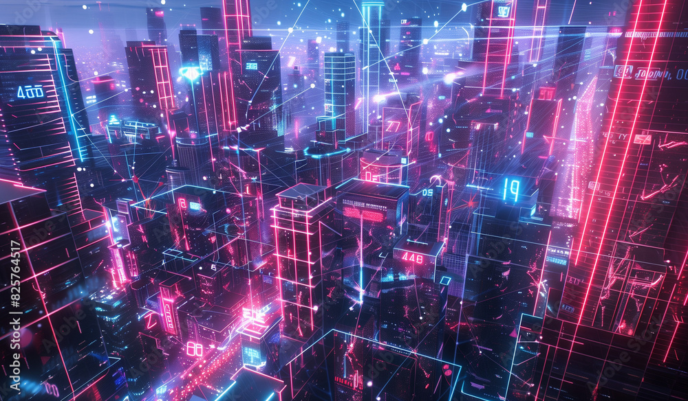 3D rendering of the cityscape with glowing data connections and futuristic buildings. In the center, there is an aerial view of digital technology and smart urban elements. The sky above shows a blue 3D rendering of the cityscape with glowing data connections and futuristic buildings. In the center, there is an aerial view of digital technology and smart urban elements. The sky above shows a blue