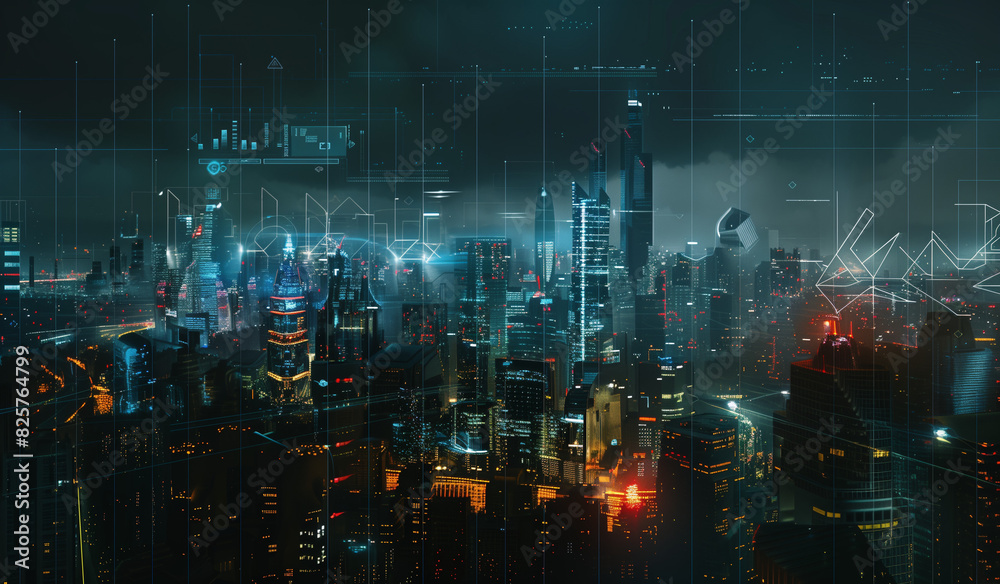 Futuristic cityscape with digital connections and data flow lines, illuminated in the style of neon lights at night
Futuristic cityscape with digital connections and data flow lines, illuminated in the style of neon lights at night