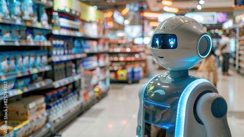 A robotic assistant helping customers in a retail store  providing information and guiding them to products