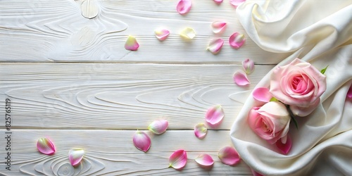 white wooden surface, white velor fabric, pink rose petals, petals lying on the fabric