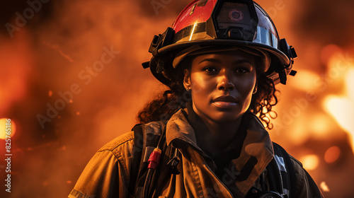 Black person firefighter in full gear. photo