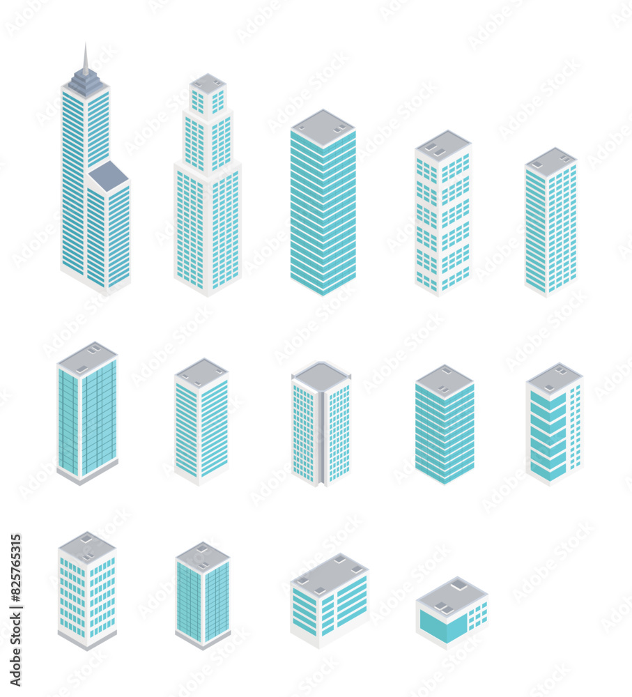 Isometric skyscraper set. Urban city architecture office buildings. Modern city buildings isometry.