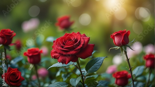 Fototapeta Naklejka Na Ścianę i Meble -  blurry, bokeh, red rose flowers in the garden