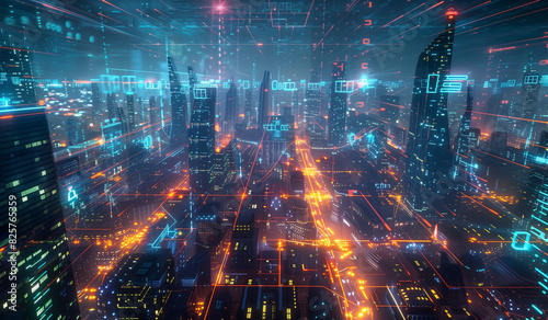  Futuristic cityscape with digital connections and data flow lines, illuminated in the style of neon lights at night © Asad