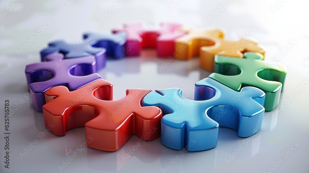 Rainbow jigsaw puzzle pieces symbol of teamwork,business people putting the jigsaws team together,partnership success,Generative AI,3D render. Rainbow jigsaw puzzle pieces symbol of teamwork,business people putting the jigsaws team together,partnership success,Generative AI,3D render.